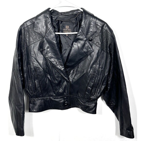 Byrnes & Baker Cropped Vintage Womens Medium Black Leather Jacket Moto Biker - Picture 1 of 12